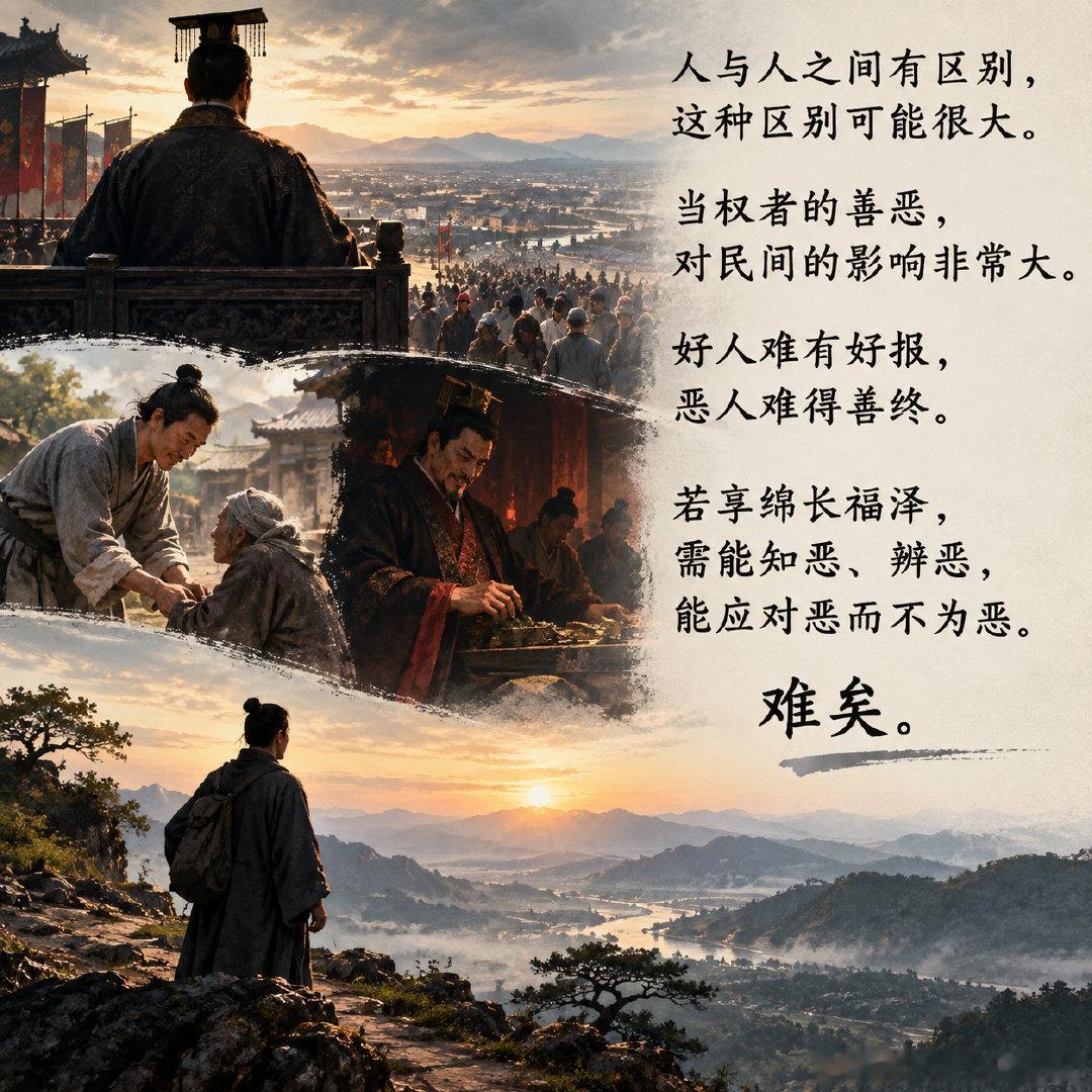 读书的感受：
人与人之间有区别，这种区别可能很大。
当权者的善恶，对民间的影响非常大。
好人难有好报，恶人难得善终。
若享绵长福泽，需能知恶、辨恶，能应对恶而不为恶。
难矣。

注：附图为Chatgpt根据上述文字生成的图片。 ​
