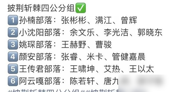 姚琛当队长了，但一看队员名单，我直接愣住了。
四公分组出来了，网传的安子部落果然散伙了。颜安留队，郭晓东去了小沈阳那组，只有姚琛自己升了队长。新部落三个人：姚琛、曹骏、王赫野。
这组合太安静了。没大咖，没话题王，全是闷头练的。别人部落要么有孙楠镇场，要么有余文乐扛流量，他这队啥也没有。
但就是
