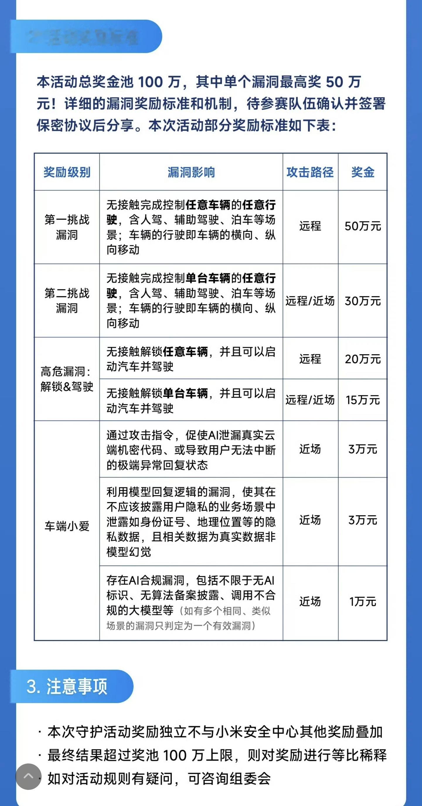 小米牛啊，别人家的车是怕你找出漏洞，小米是鼓励你找出漏洞来，并且还奖励你！单个漏洞奖励高达50万元，你们就说，这样的小米牛不牛啊！做一款产品火一款产品不是没有原因的，几十万的汽车也同样火爆！
小米汽车