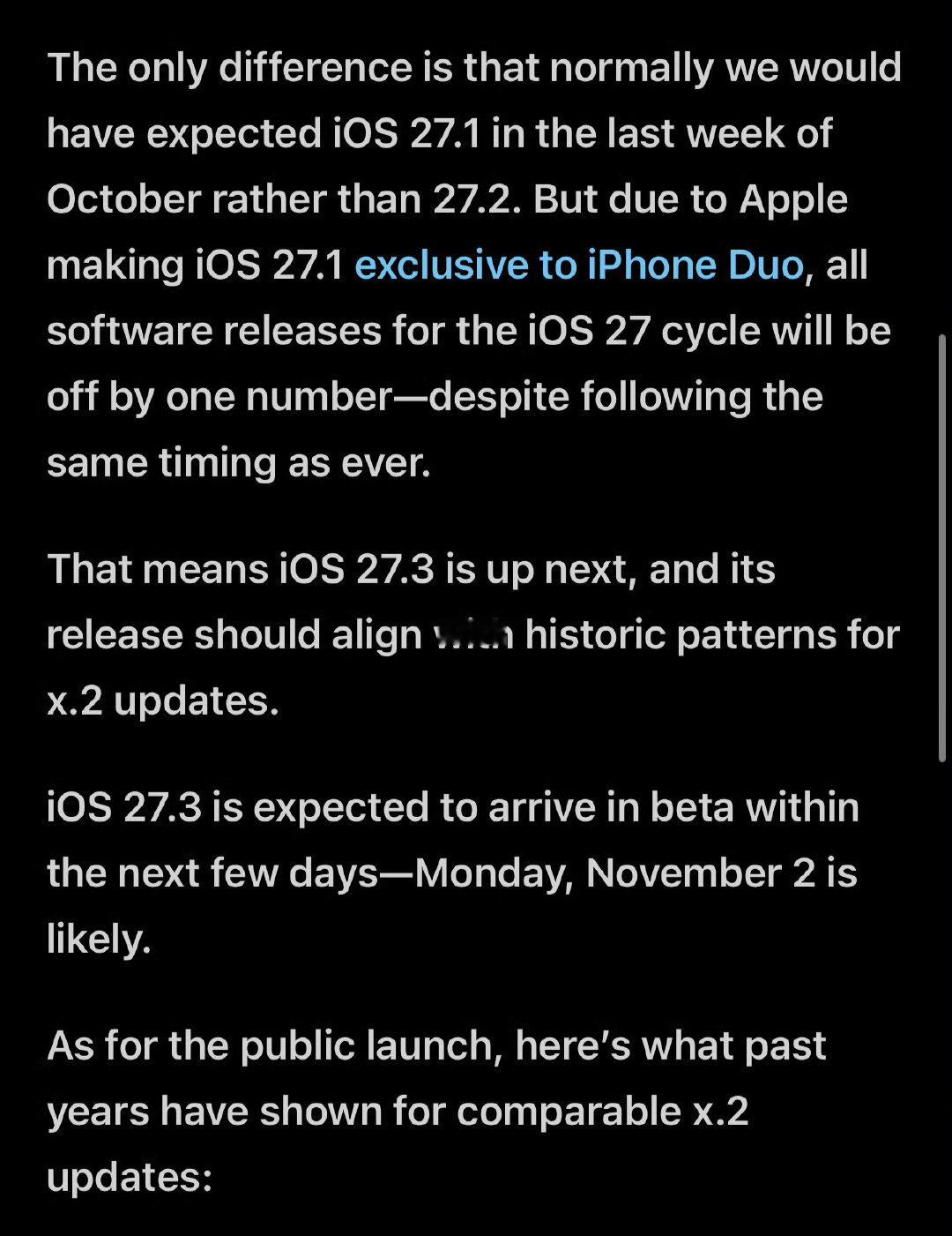 9to5mac预估了iOS 27.3 Beta的发布时间，其实也不用预估啥吧，这周没出正常都是推迟到下周。

就是国内的Apple Intelligence在10月底发布，目前来看是又被鸽了[淡淡的] ​