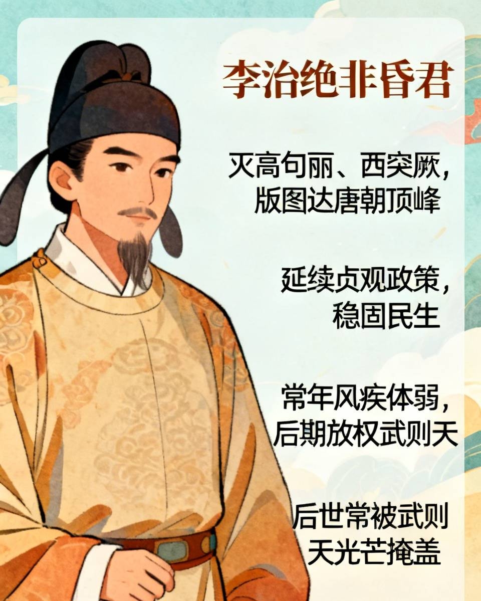 李治是昏庸吗？李治绝非昏君。他看似温和，实则城府深沉、善掌大权。在位时灭高句丽、西突厥，版图达到唐朝顶峰；延续贞观政策，稳固民生。只是常年风疾体弱，后期放权武则天。后世常被武则天的光芒掩盖，误当成懦弱昏庸之人。