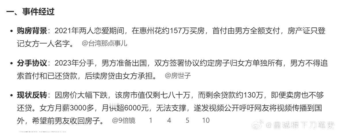 #女子还不起房贷喊话前男友收回#
      网上购物的 “仅退货规则”被用到男女关系上了。 ​