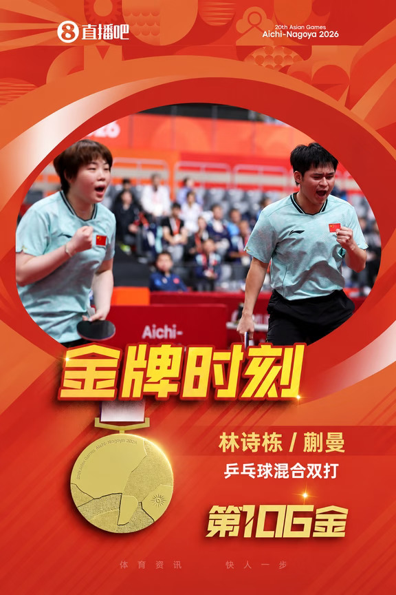 亚运乒乓球混双：林诗栋/蒯曼4-0击败王楚钦/孙颖莎夺金！
	
直播吧09月26日讯 2026名古屋亚运会，乒乓球混双决赛，林诗栋/蒯曼4-0击败王楚钦/孙颖莎夺金！王楚钦/孙颖莎夺银，中国代表团收获第106金！
#王楚钦 #孙颖莎 #亚运会 #乒乓球混双