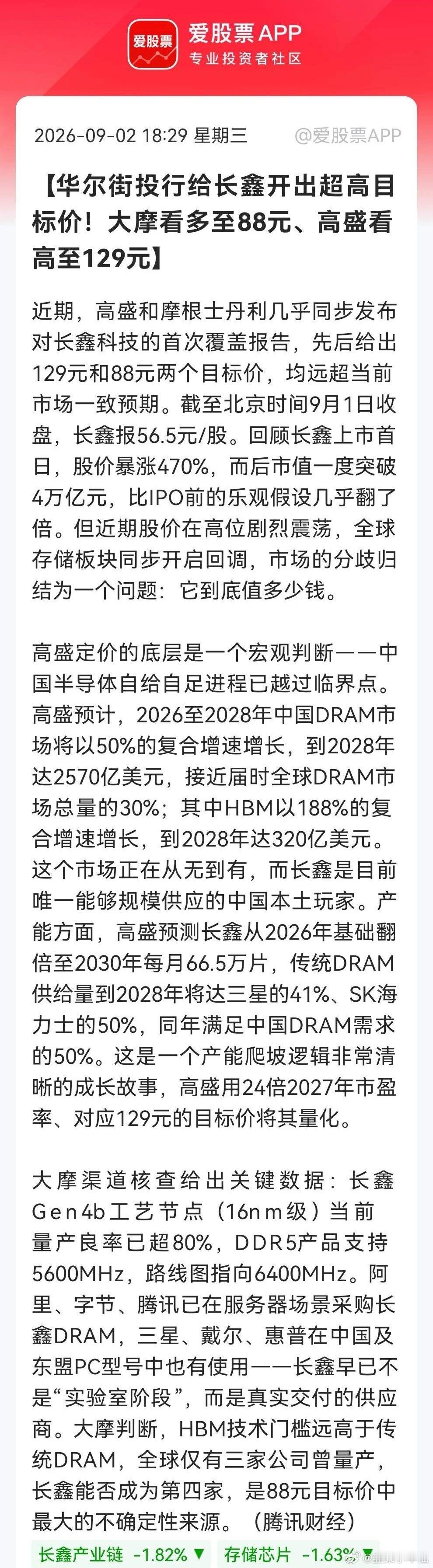 “炸裂”！存储明天要亮剑吗？高盛、大摩罕见一致看多长鑫，目标价最高129元，这是要翻倍吗？

消息上：

高盛和摩根士丹利分别给予长鑫科技129元和88元目标价，远超当前56.5元股价。高盛看好中国DRAM市场高增长及长鑫唯一本土供应商地位，产能扩张明确。大摩确认其16nm级良率超80%、已获阿里等客户采 ​