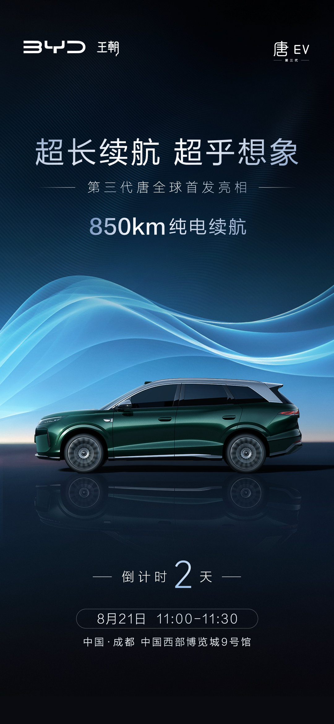 #路透#超长续航、超乎想象，第三代唐成都车展全球首发亮相，850km超长纯电续航，标配闪充和二代刀片电池，燃油车能去的地方，第三代唐都能去。2天后，我在成都车展9号馆等着大家！#第三代唐全球首发亮相# ​