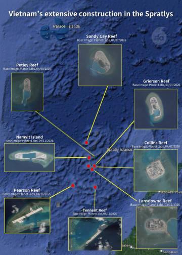 FRA：卫星图像显示，越南正在南沙群岛至少 18 个岛礁、 27 个地...