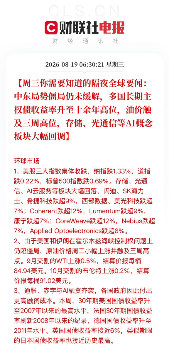 周三你需要知道的隔夜全球要闻