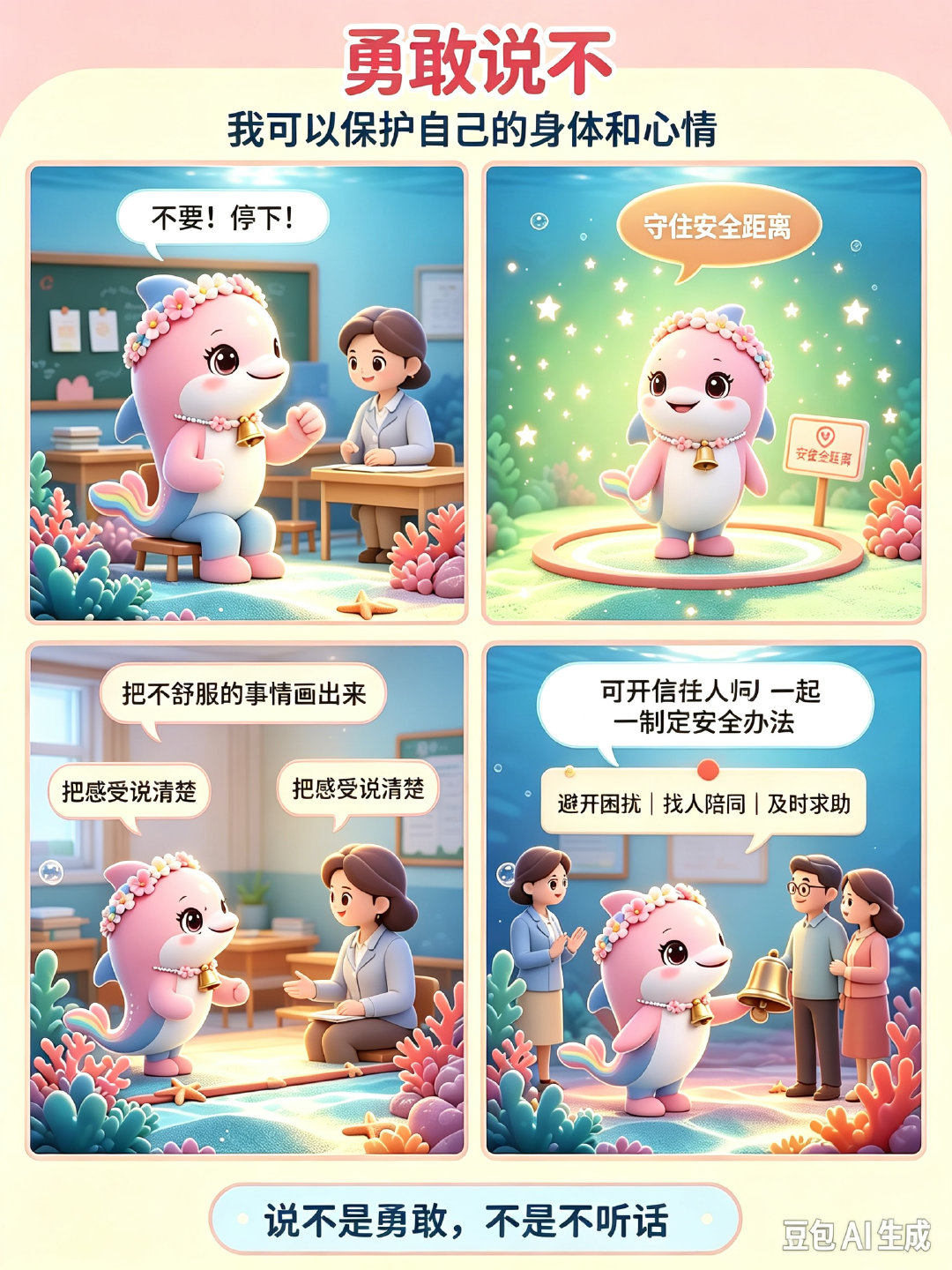 1. 认识霸凌

2. 玩耍不等于霸凌

3. 遇到霸凌怎么办

4. 共建友善校园

5. 安全接触与不舒服的接触

6. 勇敢说不

7. 告诉可信任的大人

8. 友善校园安全约定 ​