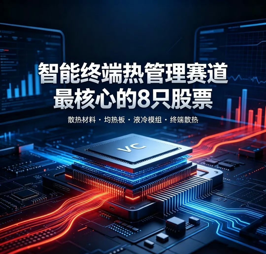 智能终端热管理赛道最核心的8只股票
 
飞荣达300602：消费电子热管理全品类龙头，石墨片、VC均热板、热管、导热界面材料全覆盖，深度绑定华为、苹果、小米等头部智能终端品牌。

中石科技300684）：导热石墨与界面材料核心龙头，是苹果、华为、三星高端智能手机热管理的主力供应商。

领益智造002600： ​