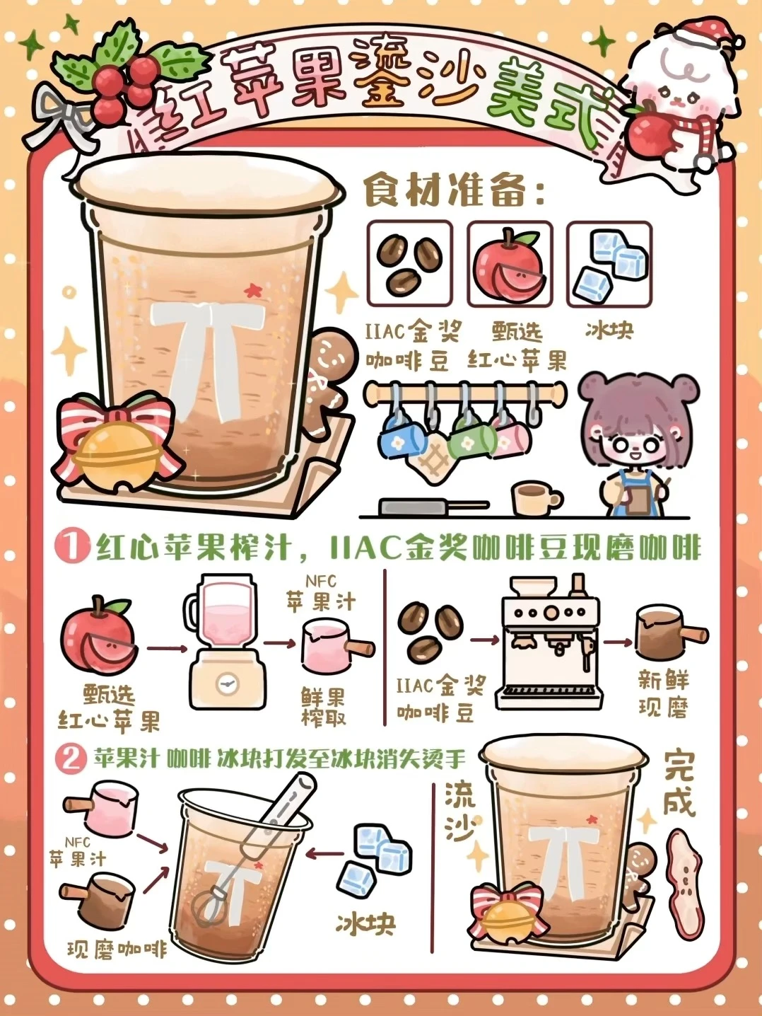 手绘食谱🍎｜圣诞魔法🎄红苹果鎏沙美式☕️