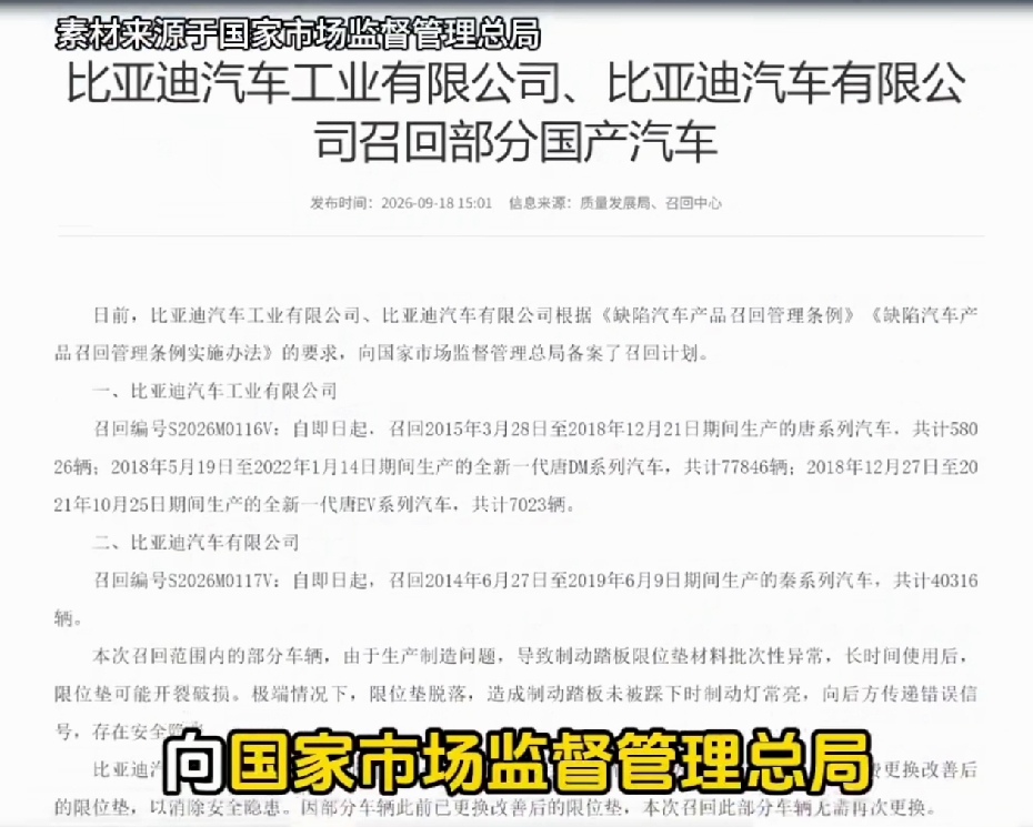 唐、秦车主注意！比亚迪一口气召回18万多辆
家人们，开唐、秦的赶紧看一眼短信。
9月18号，比亚迪两家公司一一汽车工业、汽车有限公司，一起向国家市场监督管理总局备了案：即日起，召回18.32万辆国产唐、秦系
列。事儿不小，动作倒快。
啥毛病？制动灯异常点亮。别小看这盏灯一该亮不亮、乱亮，后车全看错，