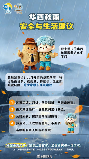 【[话筒][话筒]警惕累积性降雨带来的隐性风险】
看待#华西秋雨#，切忌只盯着单日雨量大小，累积降雨效应才是真正的风险所在。多轮持续性降水导致土壤水分不断叠加，含水量逐渐趋于饱和。即便后期仅出现小雨或零星降水，也可能导致滑坡、崩塌、泥石流；沟谷地带还需警惕局地山洪。值得注意的是，地质灾 ​