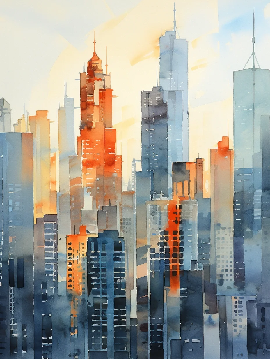 AI水彩：高楼大厦