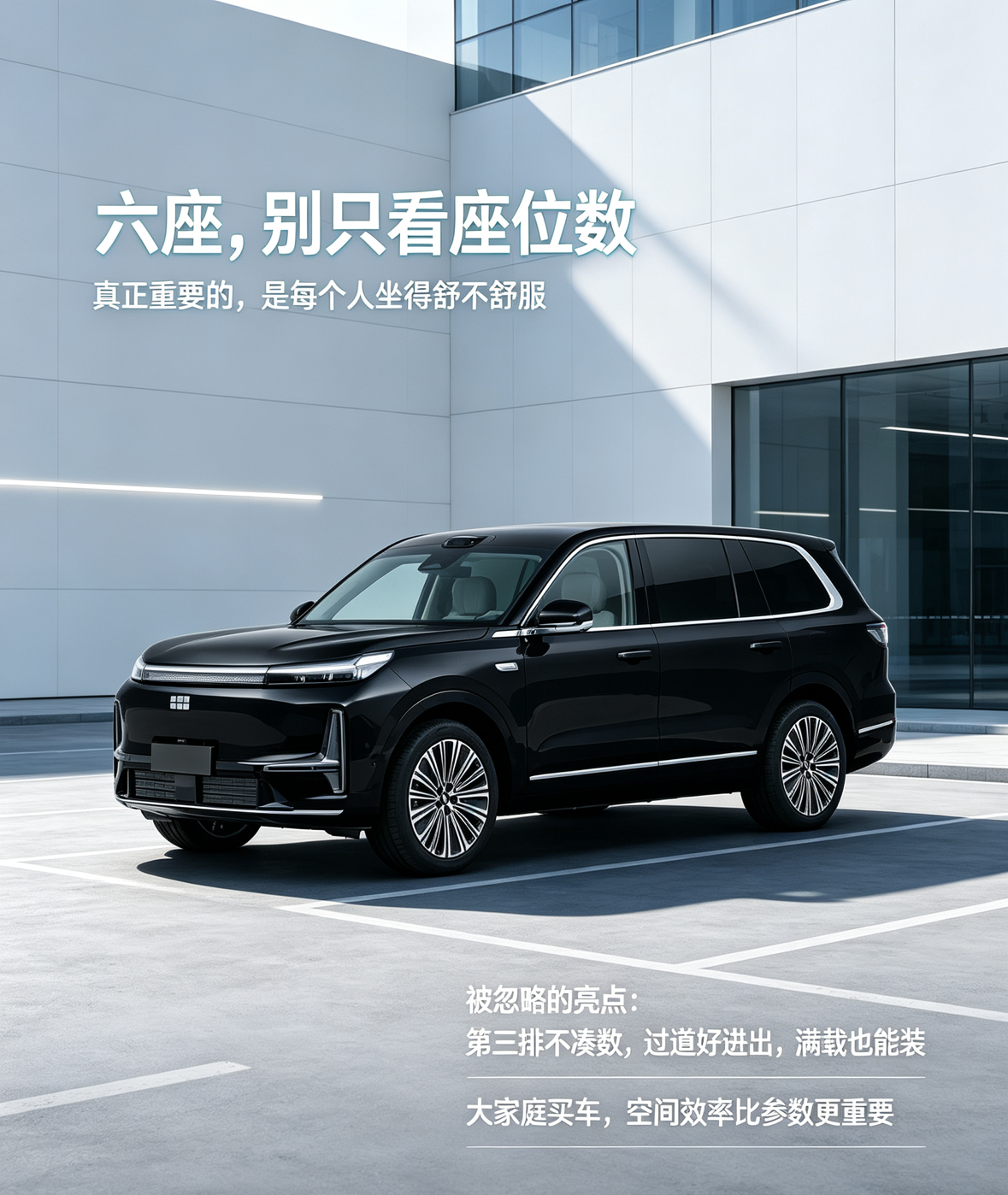 很多人选银河M9，会先看动力、续航和屏幕数量，但真正影响多人家庭长期用车的，其实是空间效率。第三排不是“应急座位”，成年人短途乘坐也有基本空间；第二排过道宽，老人孩子进出更方便；满员六座时，后备厢仍能装下日常行李。对大家庭来说，参数只是门槛，每个人都坐得不委屈，才是六座车真正的价值。【来自懂车帝车友