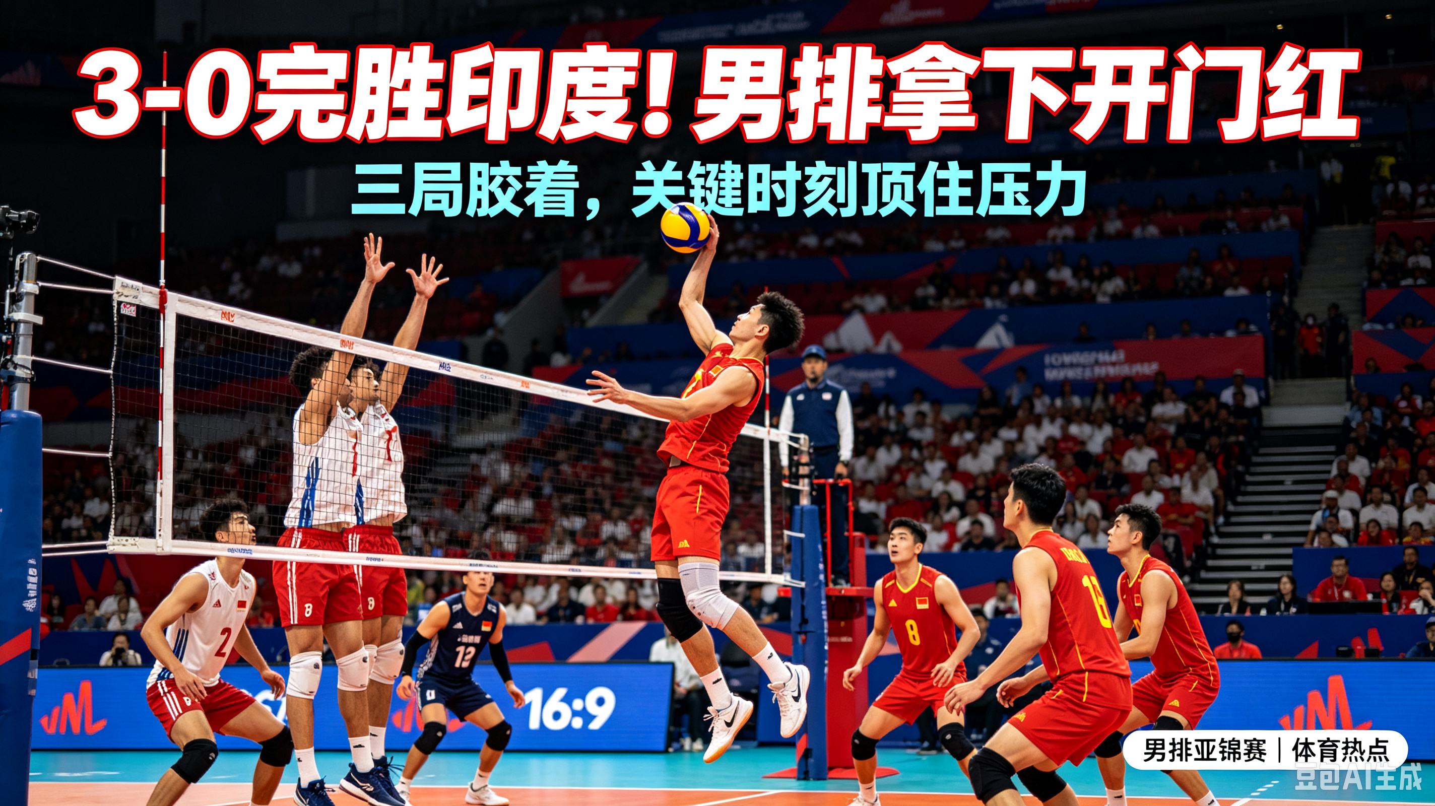 干脆利落！中国男排3-0完胜印度，拿下亚锦赛小组赛首胜！
 
2026男排亚锦赛小组赛首轮，中国男排迎战印度男排，最终3-0拿下比赛，三局比分25-21、28-26、27-25。
 
整场比赛打得并不轻松，后两局比分咬得很紧，多次陷入胶着。张景胤、王滨发挥稳定，关键时刻顶住压力，稳稳守住优势。
面对
