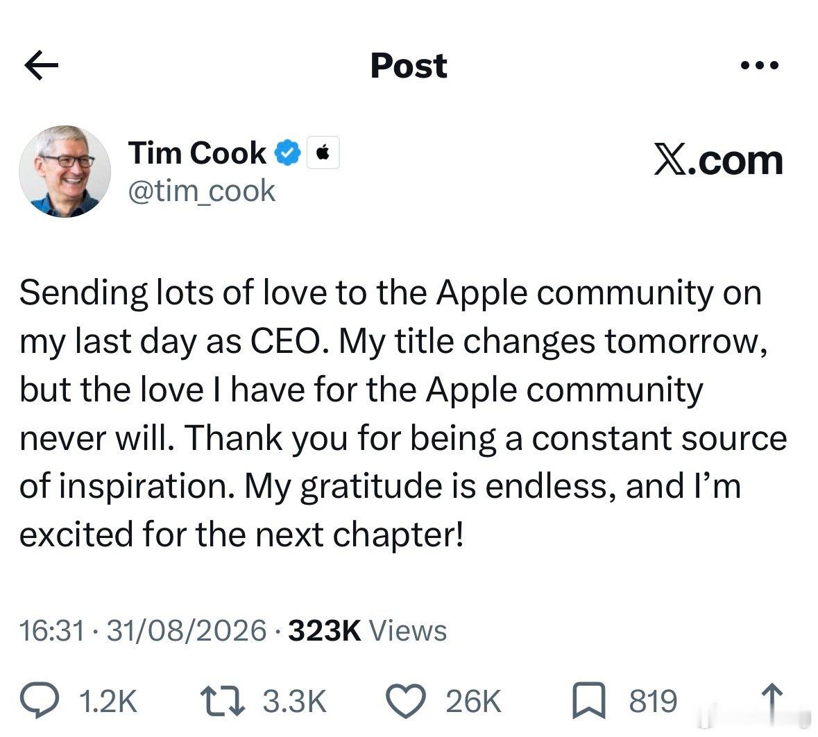 刚刚苹果 CEO Tim Cook 在 X 上发文宣布辞职。 ​