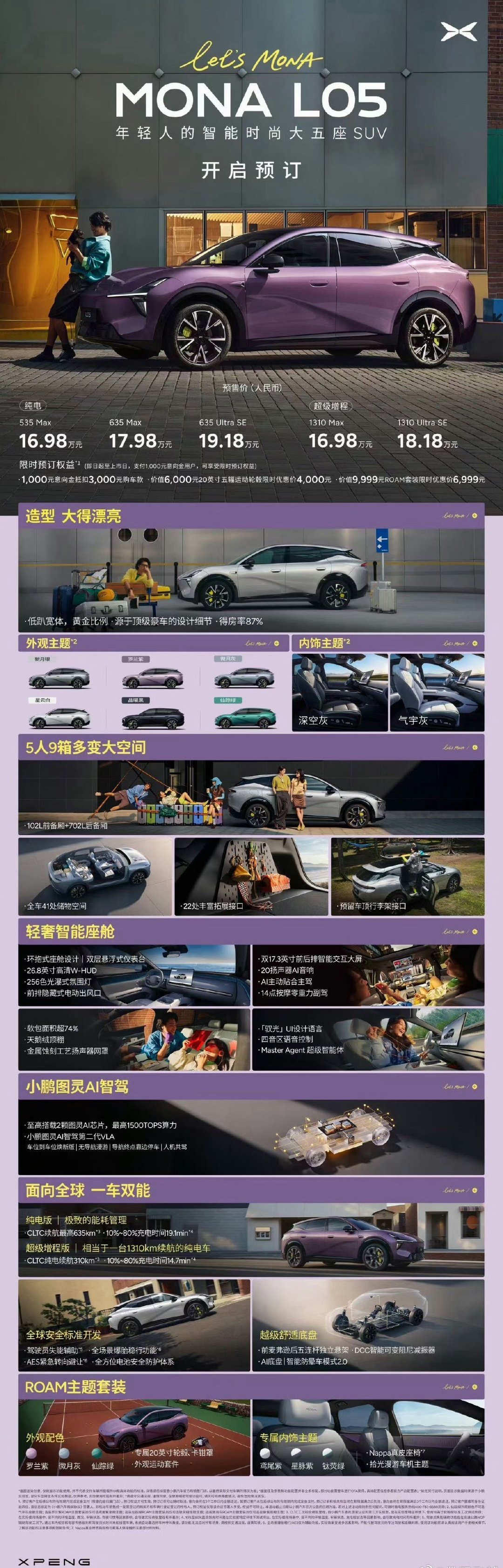#mona l05#小鹏MONAL05预售价格

纯电535Max：16.98万
纯电635Max：17.98万
超级增程1310Max：16.98万
超级增程1310Ultra SE：18.18万
纯电635Ultra SE：19.18万

正式上市价格会跟这个比较接近，大家觉得如何呢？ ​