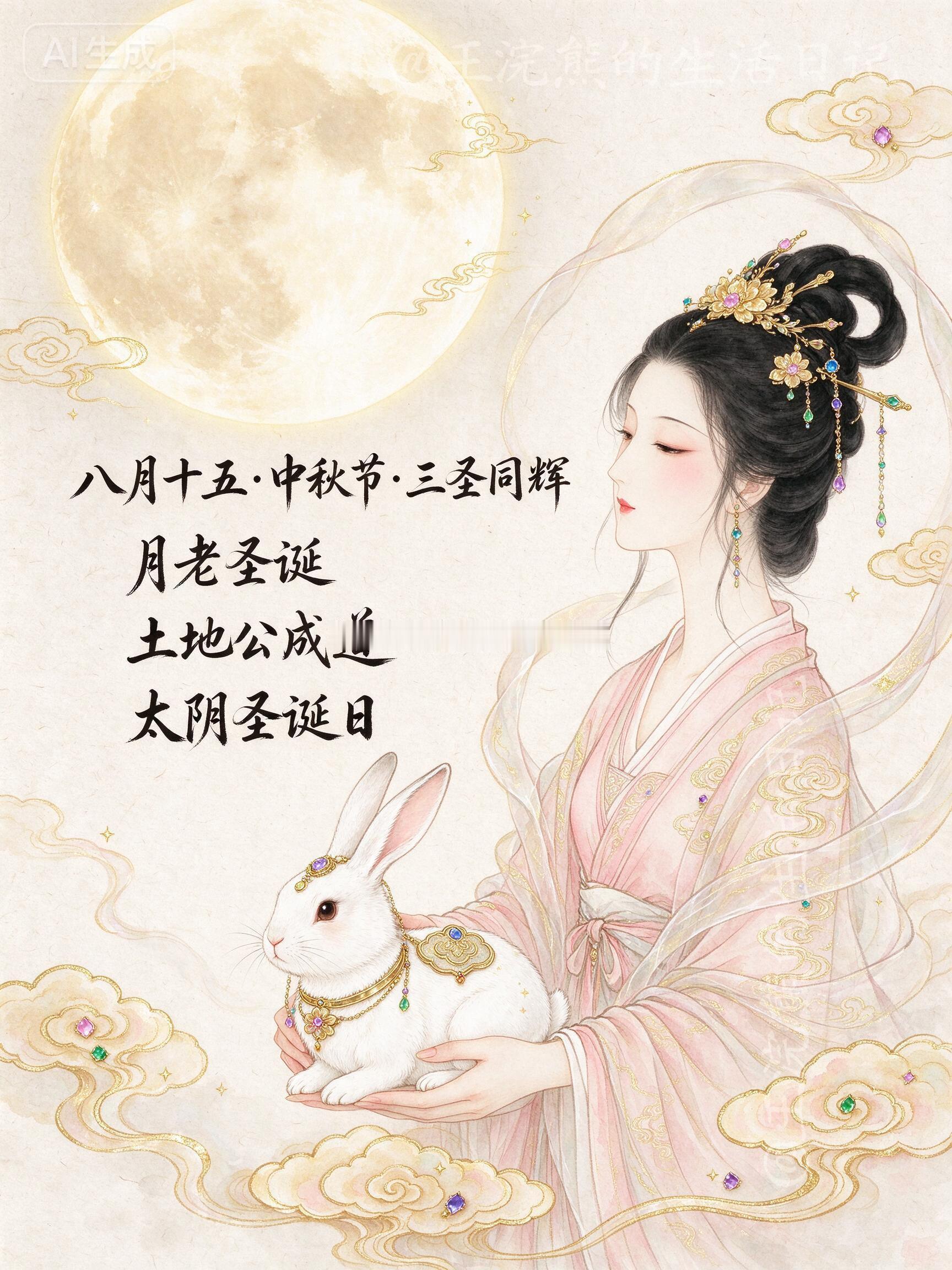 八月十五·中秋节·三圣同辉

月老圣诞、土地公成道、太阴圣诞日🎂

在这样的超级黄道吉日，我们普通人如何链接、增强月亮的能量呢？

很简单：

今晚月亮升起之后（戌时19:00之后），选暖和无风的时段，不要久在露天吹风受寒。
如果身体虚弱，直接在窗边（能望月），不必到阳台户外。

准备简易供品， ​