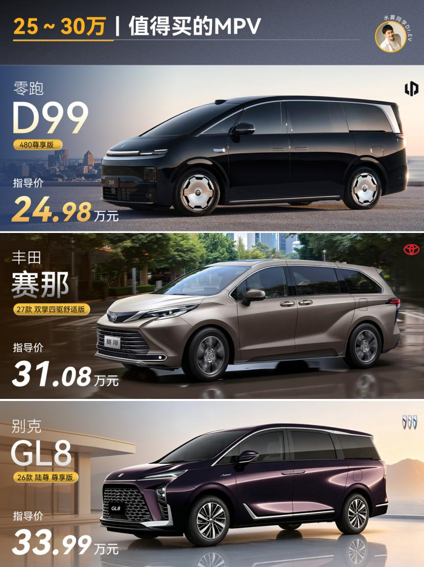 家里人多，MPV 到底怎么选？ 三台热门车价格跨度不小，打法也各不相同，今天一台台拆开聊，帮你把账算明白。

先说钱。D99指导价24.98万，叠加8000元置换补贴后24.18万，落地约26.25万。赛那落地约27.86万，GL8落地约37.2万。GL8和D99之间差了近11万。
再看用车。按一年