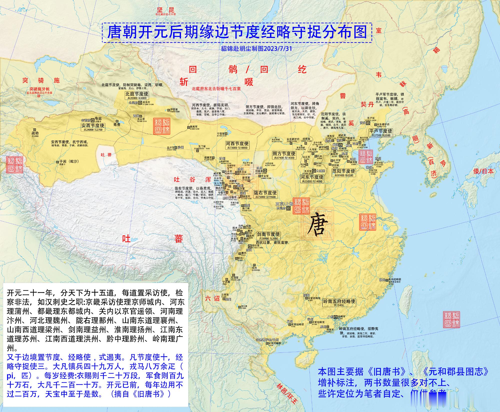 旧图分享 唐朝开元后期缘边节度经略守捉分布图开元二十一年，分天下为十五...