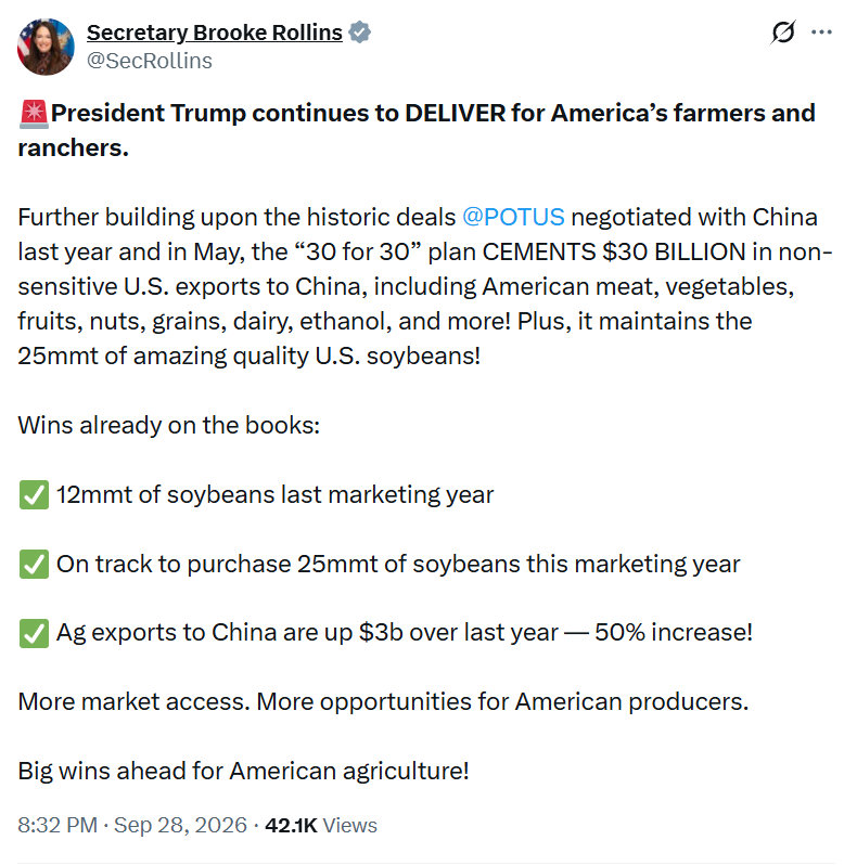 美国农业部长罗林斯： 🚨#特朗普总统#继续为美国农民和牧民带来惠益。

在总统去年及今年5月与中国达成的历史性协议的基础上，“300亿对300亿”框架进一步巩固了美国向中国出口300亿美元非敏感商品的协议，其中包括美国的肉类、蔬菜、水果、坚果、谷物、乳制品、乙醇等等！此外，这项框架还保持了250 ​