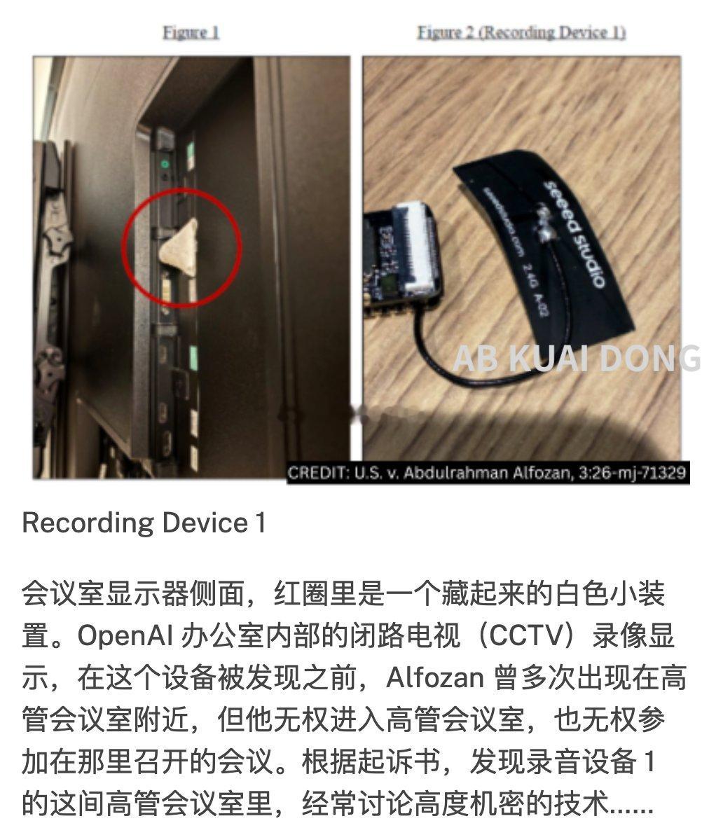 ChatGPT 公司又出事了，这次来了个间谍。

被指控，在 OpenAI 公司藏匿窃听设备的，是 Abdulrahman Alfozan，35岁，沙特籍，美国永居。

他于 2025 年 7 月入职 OpenAI，担任产品团队工程师。⁠

根据司法部和 FBI 的披露，9 月 28 日左右，他在旧金山 OpenAI 高管会议室的电视后面，把一个藏在卫生纸 ​