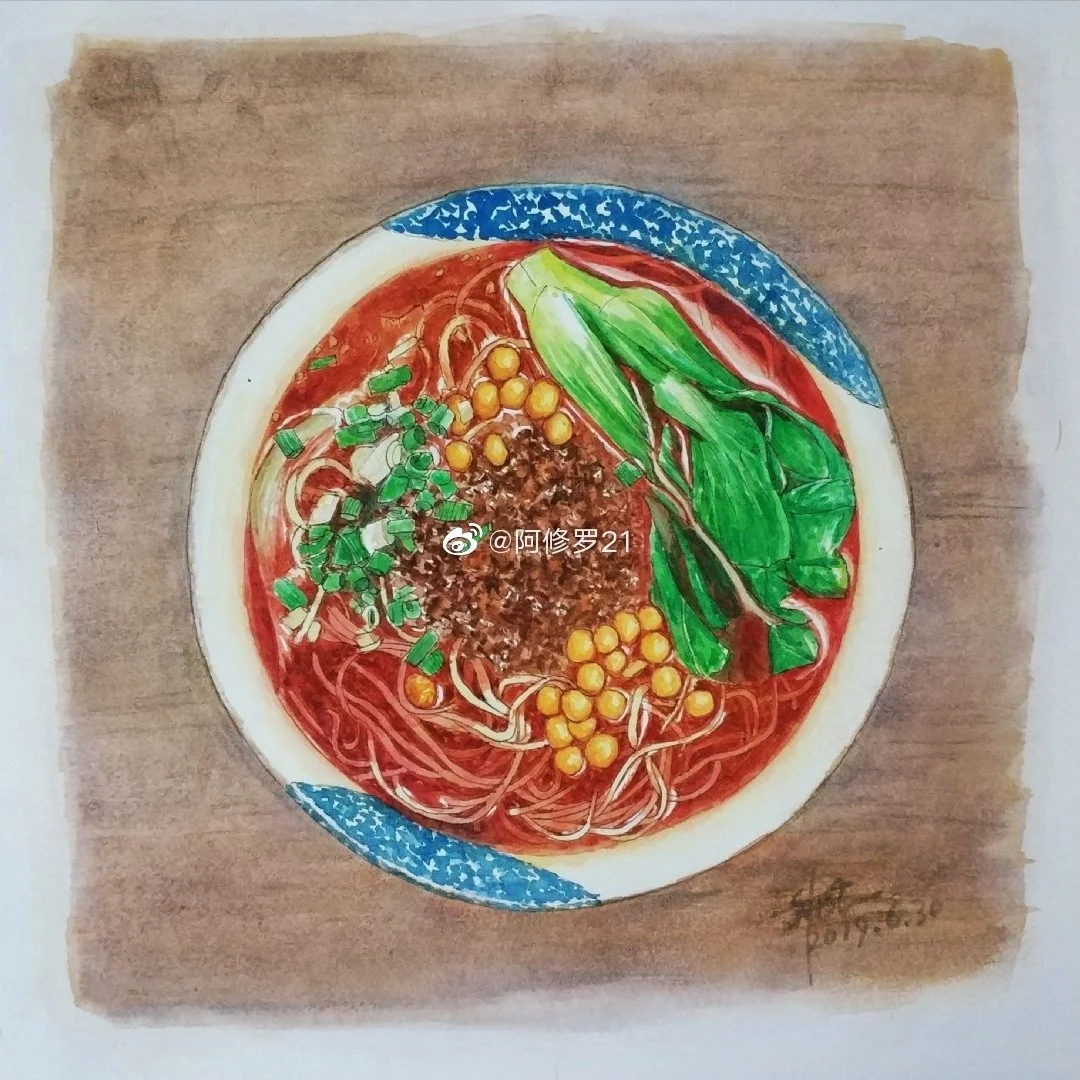 钢笔淡彩 重庆小面 豌杂面