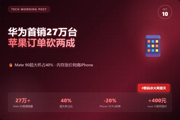 华为Mate 90首销27万台，苹果订单砍两成