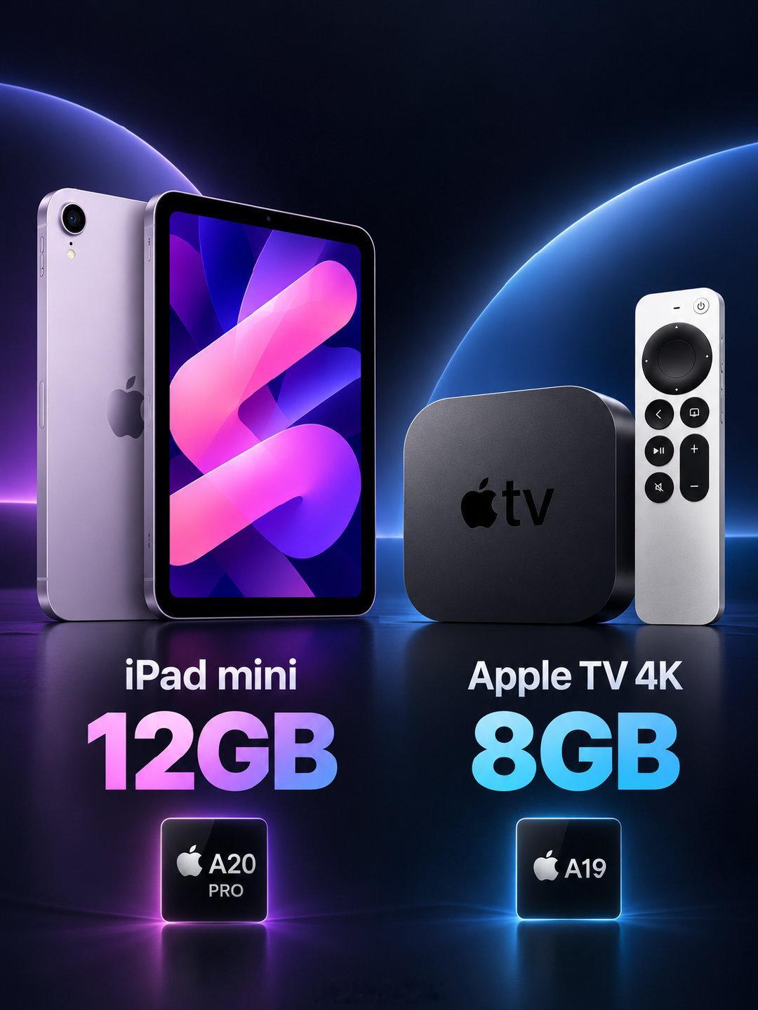 Xcode 27.2 显示新款 iPad mini 内存为 12GB，比上一代 8GB 提升 50%。另外新款 Apple TV 也升级到了 8GB 内存，从而支持 Apple 智能。 ​