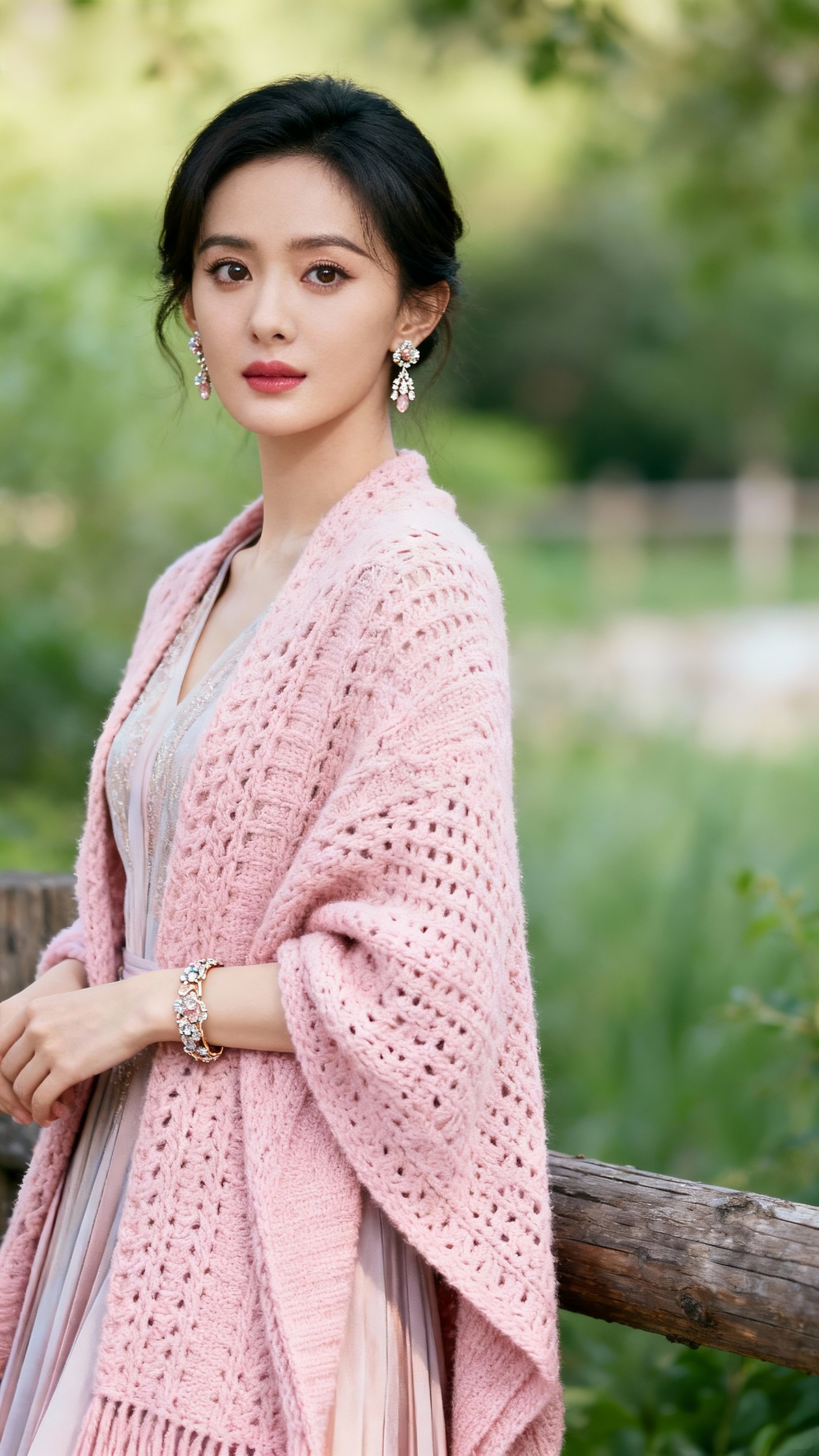 浅粉纱裙、盘发太绝了！户外氛围感美女，温柔到骨子里 她身着浅粉百褶裙...