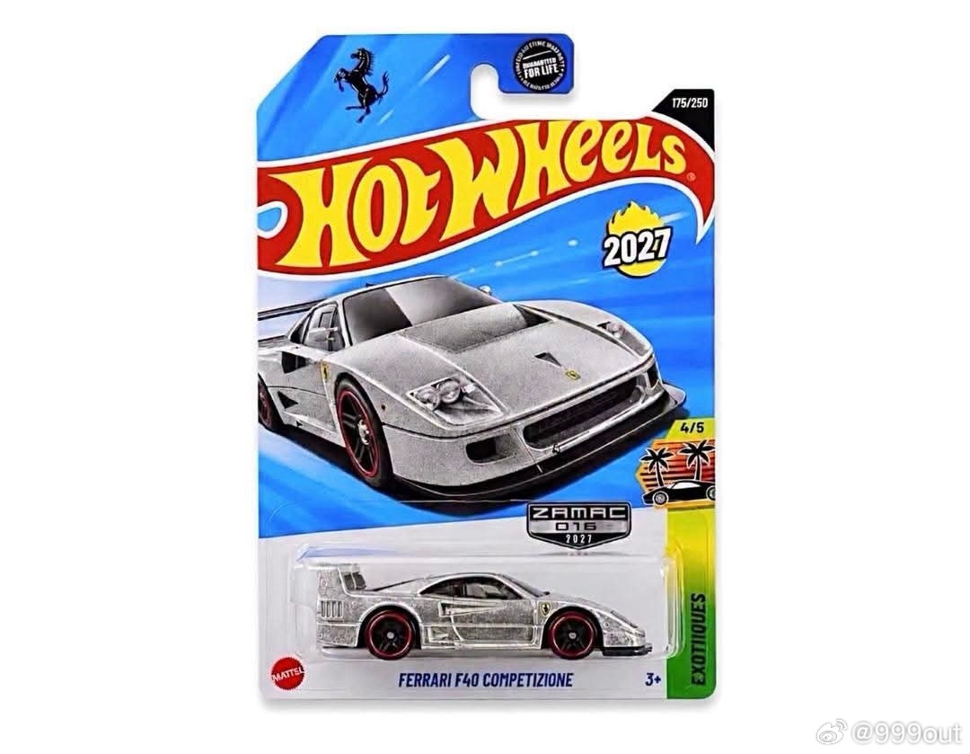 #风火轮故事每日科普[超话]#  这张所谓的 2027款风火轮（Hot Wheels）沃尔玛限定版法拉利 F40 Competizione ZAMAC 版本 包装图，极有可能是由 AI 生成的虚假图片（Fake/AI-generated）。图片真伪分析与疑点虽然模型车本身和包装纸板看起来非常逼真，但只要仔细观察细节，就能发现多处明显的 AI 渲染漏 ​