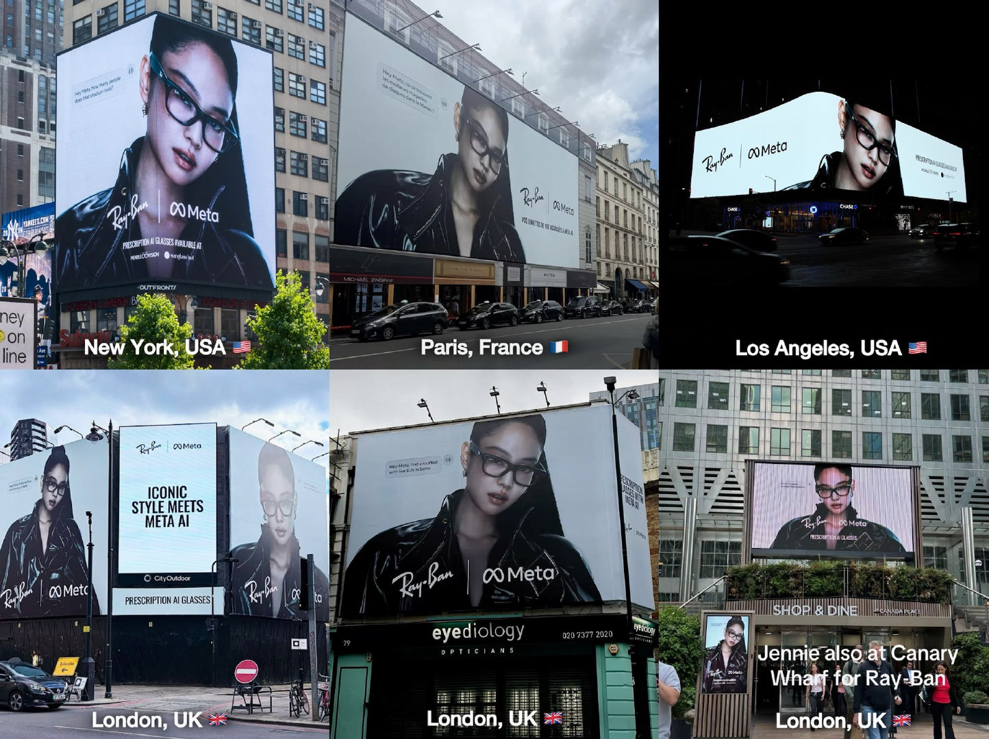 真好看！

Jennie 惊艳的 Ray Ban Meta 广告牌位于美国、英国和法国。 ​