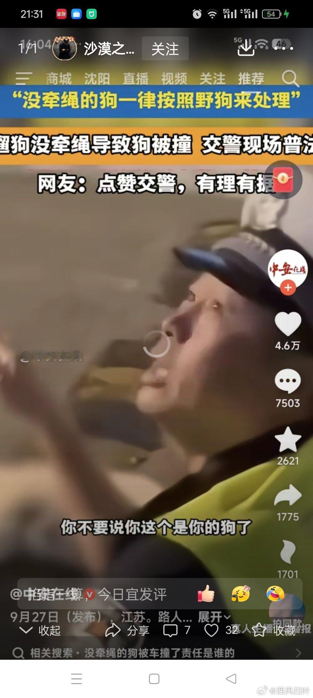 9月27日，江苏。遛狗没牵绳导致狗被撞，交警现场普法：“没牵绳的狗一律按照野狗来处理”！
狗主人的嚣张气焰终于有人站出来治理了，狗主人不愿意牵绳遛狗，就当是野狗处理，合理合法，就该如此严办！
对于这样的规定，举双手赞成！希望每个城市都能尽快普及！【9月27日，江苏。遛狗没牵绳导致狗被撞， ​