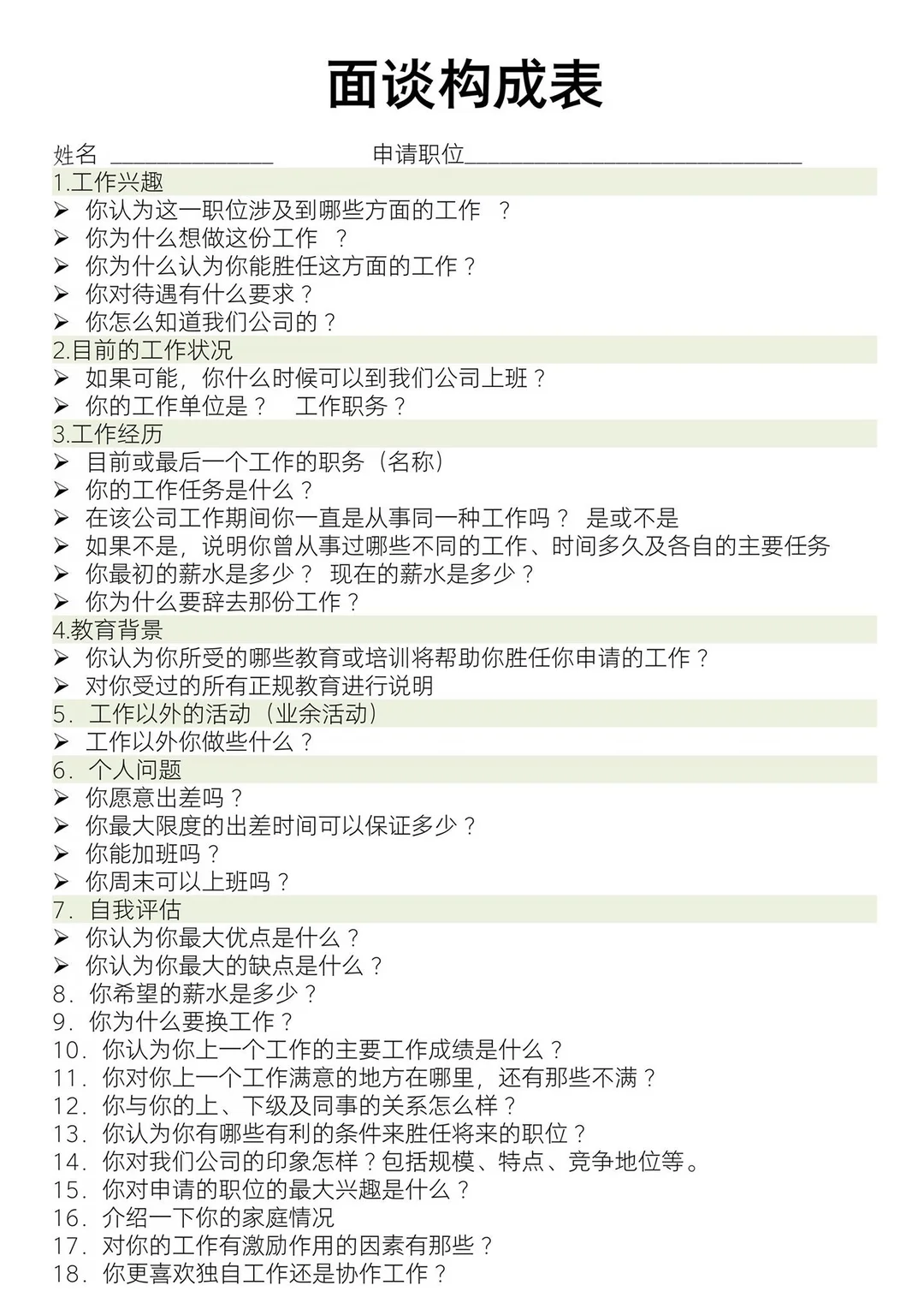 面试构成表，面试测评表，新员工考核