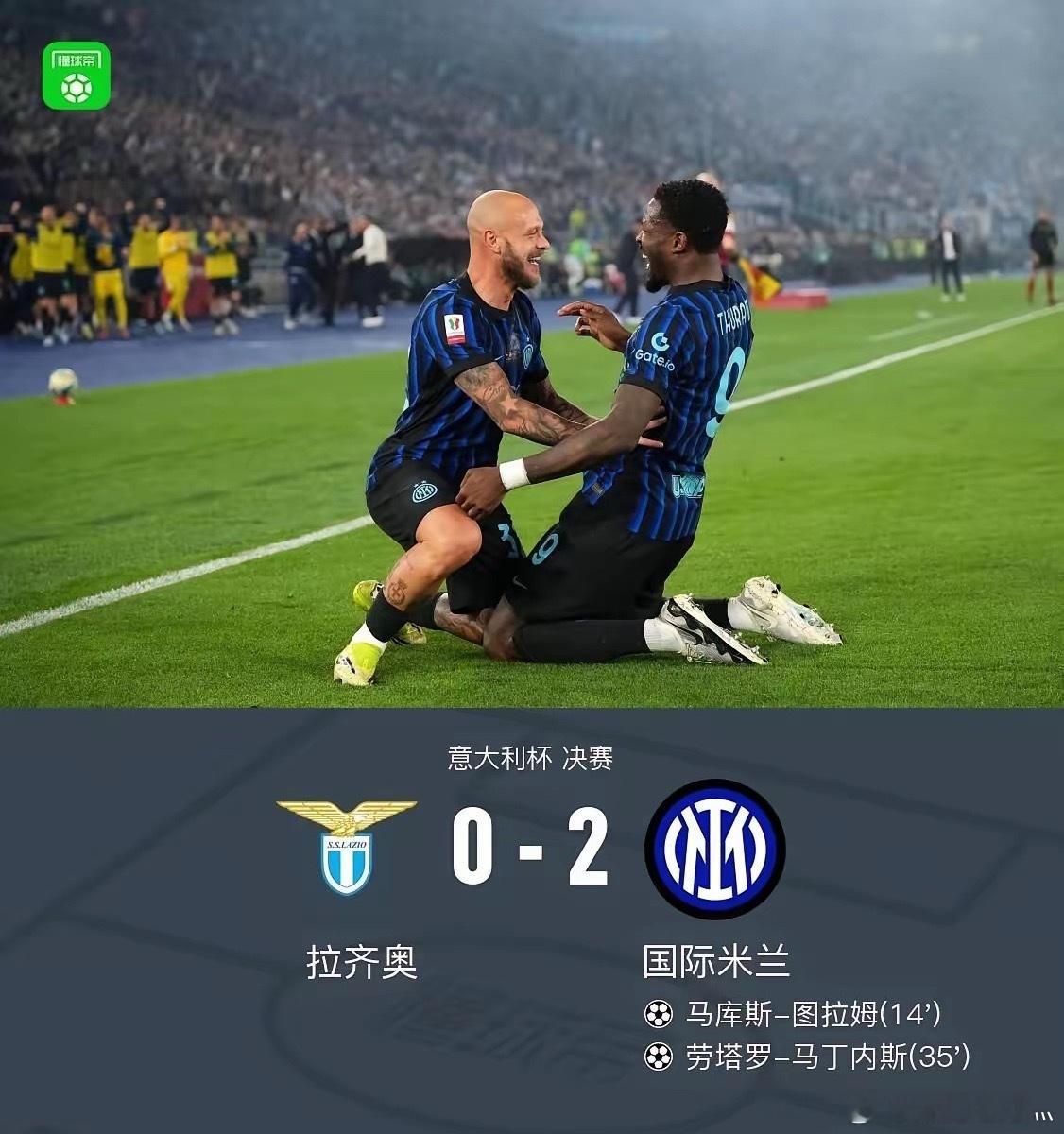 意大利杯决赛，国际米兰2:0战胜拉齐奥。上半场，小图拉姆头球后蹭，马...