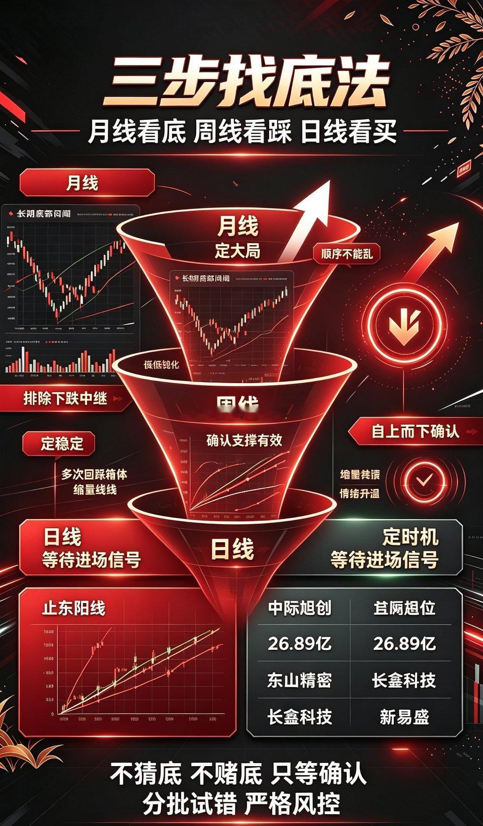 月线看底，周线看踩，日线看买——三步找底法，研判顺序不可逆
 
历经多年实盘之后，我意识到大多数散户抄底之所以出现亏损，并不是看不懂K线形态，而是研判周期的先后顺序完全颠倒。
 
不少交易者复盘仅仅紧盯日线。一旦收出止跌阳线或者长下影线，便急于入场抄底。最后的结局便是，短期盘面看似企稳 ​