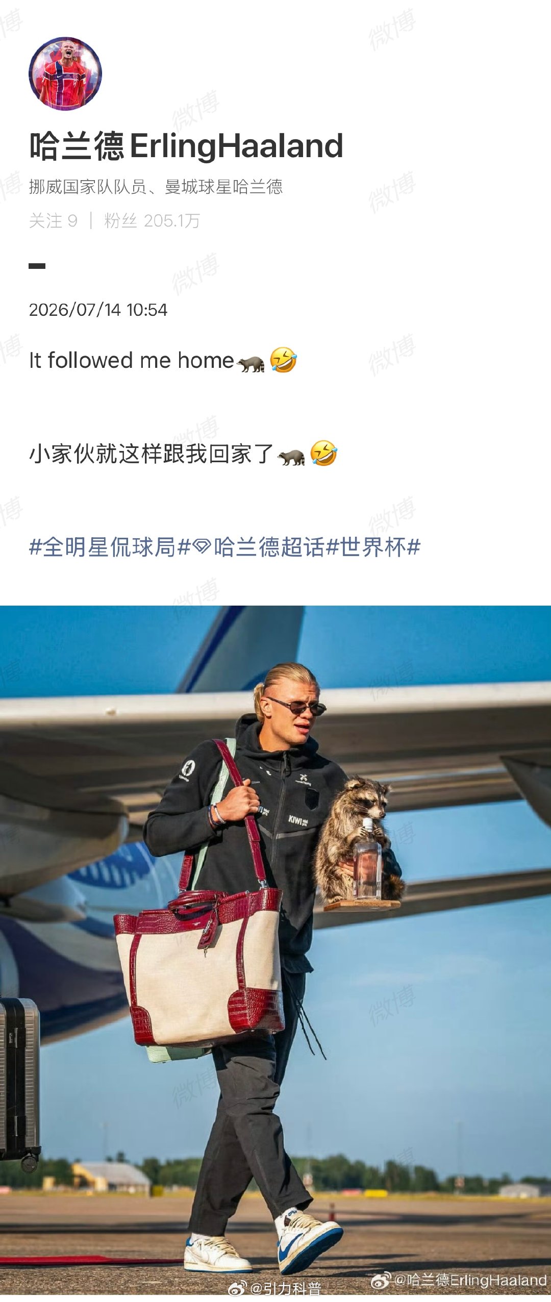 【 随后，在社交平台发文，“小家伙就这样跟我回家了”。并晒出自己抱着浣熊的照片。