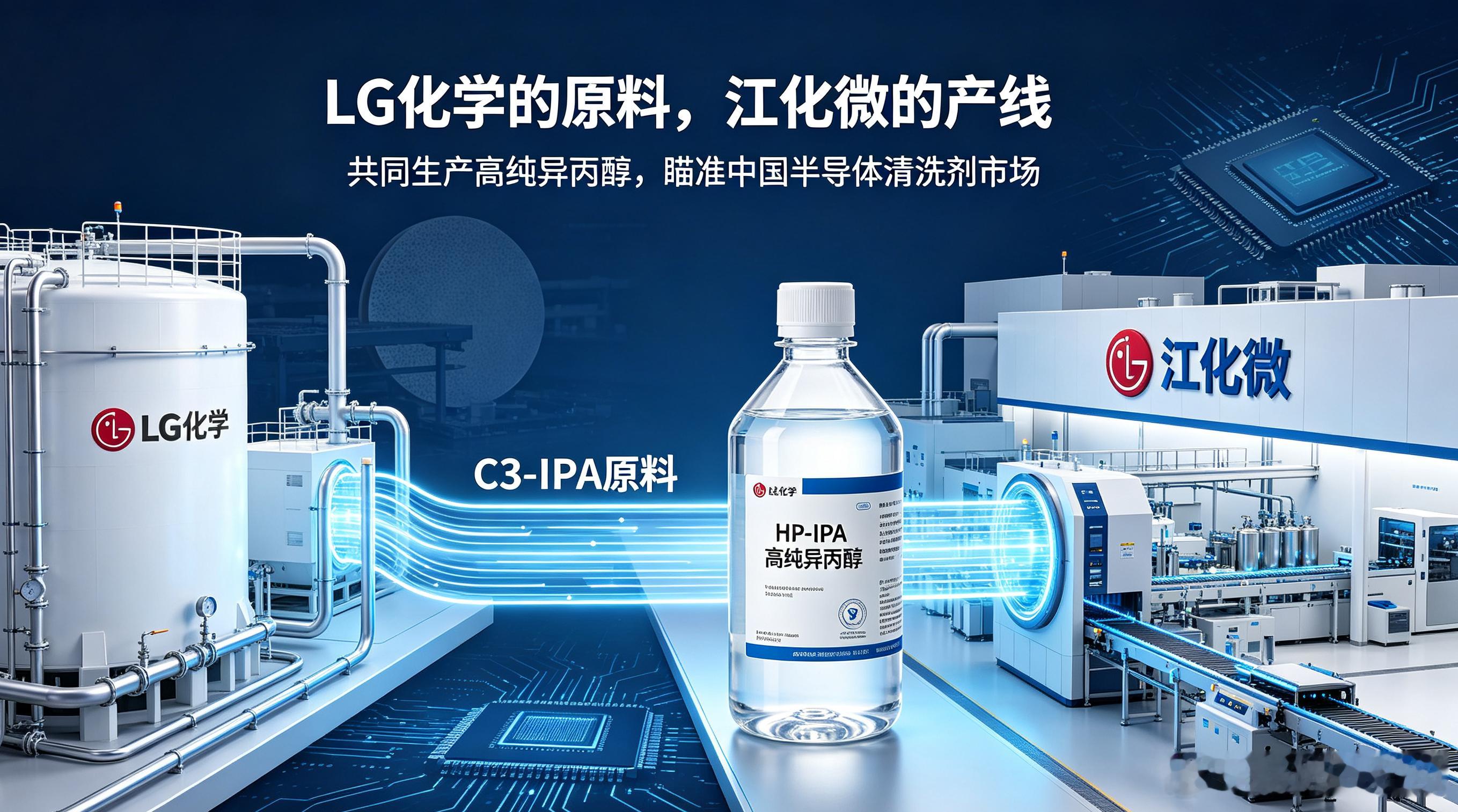 LG化学的原料，江化微的产线：高端异丙醇的国产化生意

缪舢/文

9月12日，LG化学与江化微签署谅解备忘录，LG化学供应C3-IPA原料，江化微生产HP-IPA，瞄准中国半导体清洗剂市场。

这笔交易的微妙之处在于分工。LG化学是全球电子级异丙醇的主要供应商之一，与住友化学、陶氏化学等共同主导着高端市场供 ​