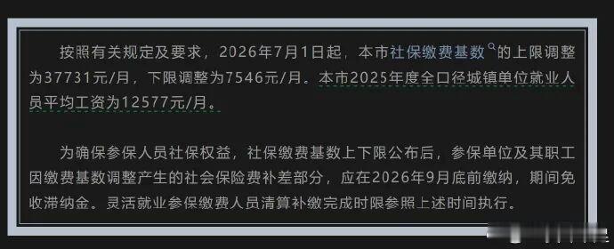 上海2026社保基数公布，社平工资12577元，下限直接涨到7546元，即使你月收入三四千，也要按照7546的基数缴纳。最难熬的恐怕还是灵活就业群体，在职职工有企业分担大半保费，个人只需要承担小部分，可灵活就业人员只能独自承担全部费用，每月要实打实拿出2263.8元，一年下来两万七千多元。很多地方不交 ​