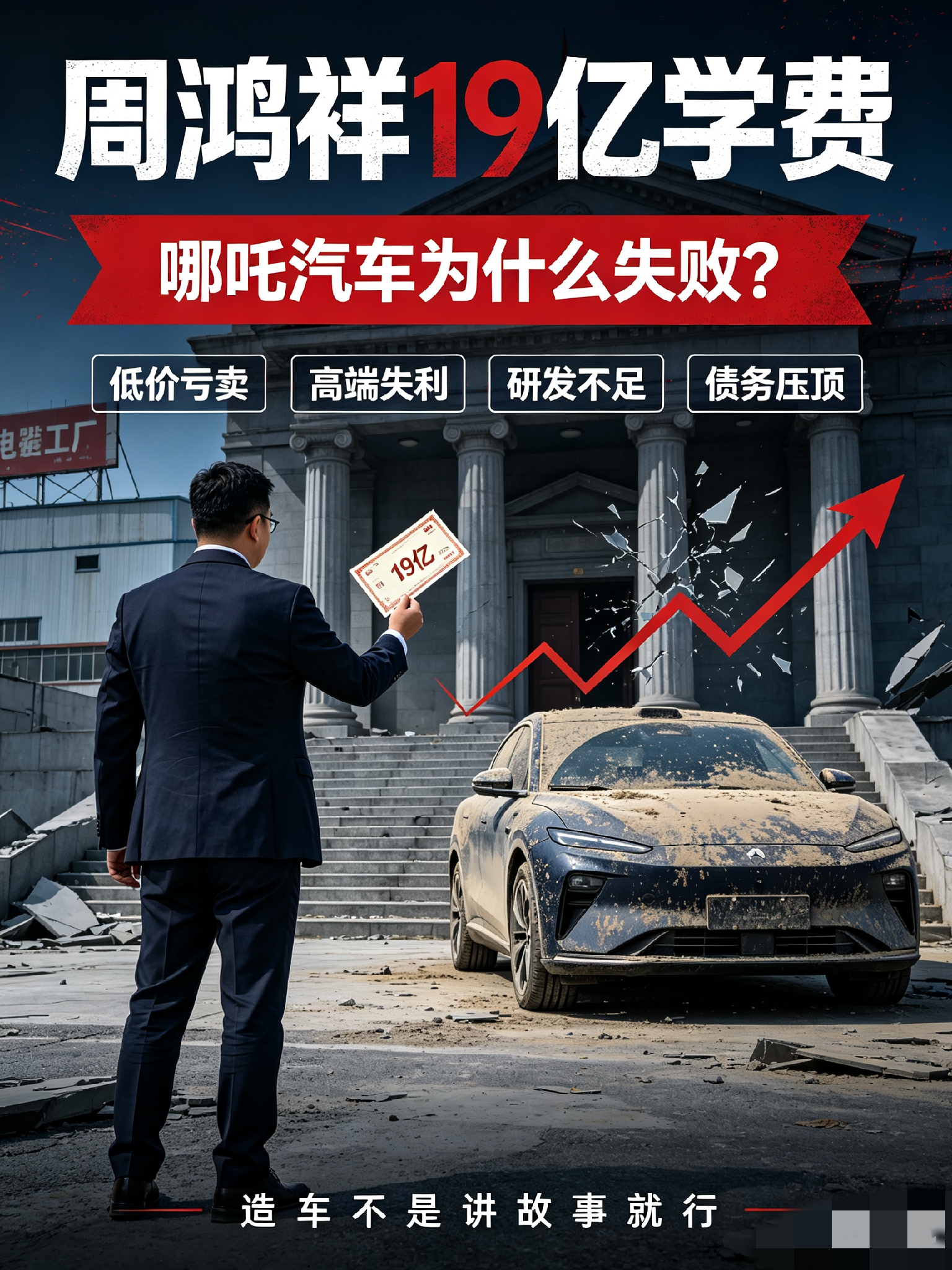 微头条｜哪吒汽车为什么倒下？周鸿祎19亿交学费
 
标题：曾经新势力销冠！哪吒汽车轰然倒下，4个致命硬伤
 
2022年哪吒销量登顶新势力第一名，周鸿祎砸19亿入局，喊出为人民造车。短短几年，走向破产重整。
 
① 卖一台亏一台，永远没有造血能力
主打低价走量，大量车子供给网约车。售价压得极低，单车