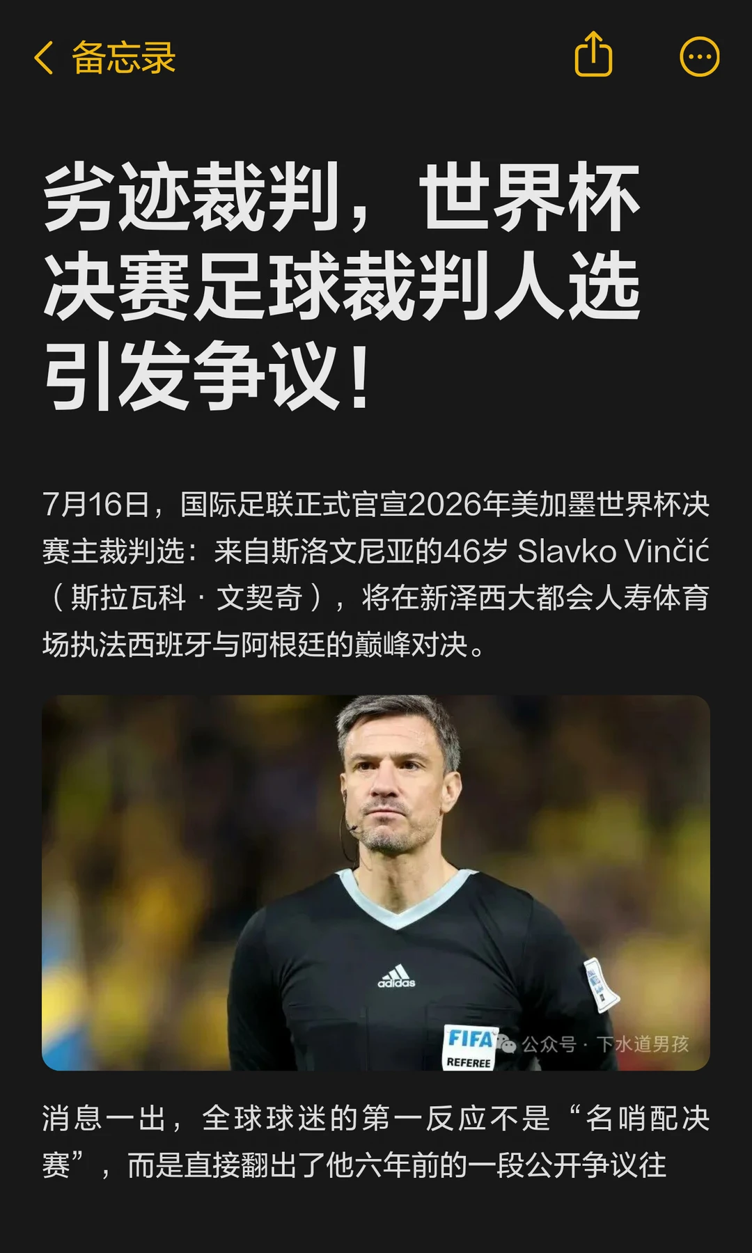 劣迹裁判，世界杯决赛足球裁判人选引发争议。
