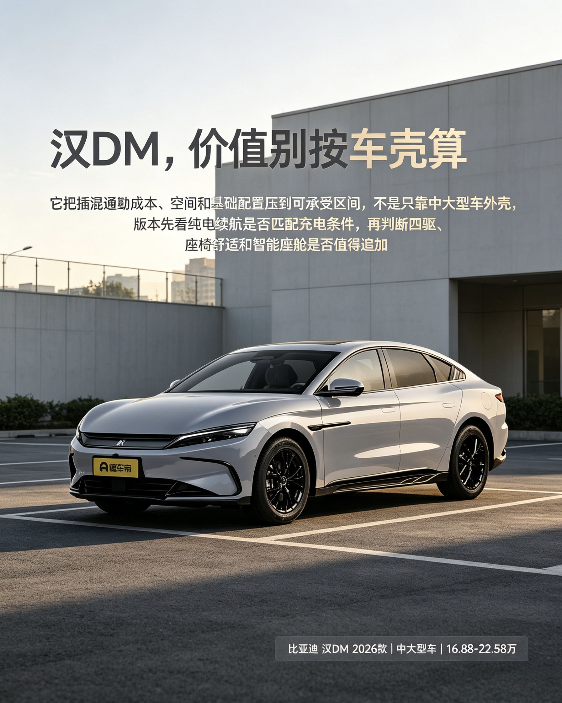 比亚迪汉DM：别只看外观大车壳。它的优势是插混用车成本低，选版本优先看纯电续航能不能匹配充电条件，再考虑要不要加钱上四驱。【来自懂车帝车友圈】