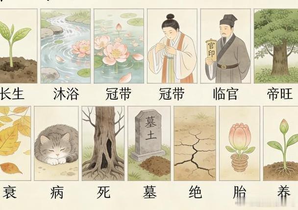 八字专批 十二长生含义：1.长生:初生萌芽，生机始发，起步顺利2.沐浴:稚嫩易损，桃花杂乱，易犯错破财3.冠带:上进成长，穿衣戴帽，渐有名声4.临官:事业有成，掌权得势，安稳得利5.帝旺:权位巅峰，气场最强，富贵鼎盛6.衰:气势下滑，精力不足，开始走下坡7.病:身心欠安，是非缠身，诸事不顺8.死:死气沉沉，停滞不前，毫无生机9.墓:入库收藏，沉寂蛰伏，藏财藏事10.绝:气尽无长，断绝无望，万事落空11.胎:暗中酝酿，胎中谋划，暗中生势12.养:暗中培育，蓄力等待，静待成型