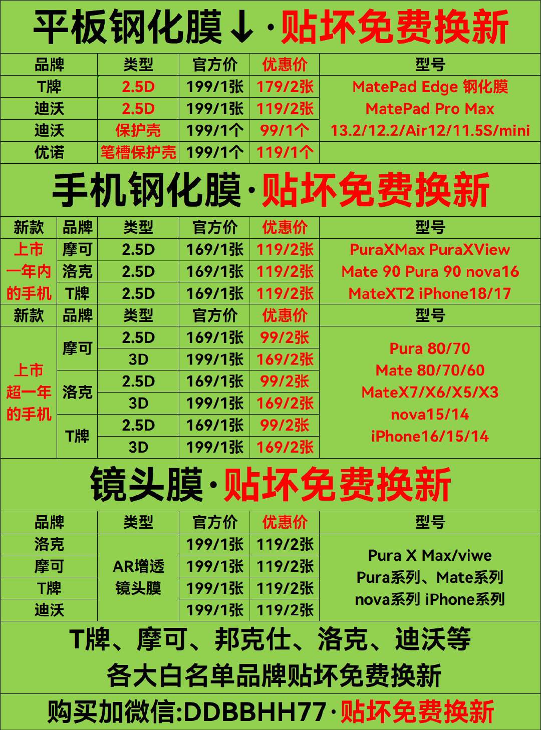 钢化膜价格更新 老款降价20元
①上市1年内手机119元/2张
②上市超1年手机2.5D 99元/2张
③上市超1年手机3D 169元/2张
上市1年内手机用的都是2.5D[允悲]
贴坏免费换新 客户出更换来回运费 ​​​