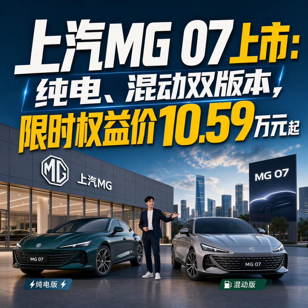 很多人以为10万元级的电动车，只能在续航和智驾里二选一。
MG 07把这个逻辑打破了。
8月21日成都车展，MG 07正式上市，纯电、混动两种动力共7款车型，限时权益价10.59万元起。
先看几组数据。
起售价10.59万元，比此前预售价直降2万元。
上市前累计小订超过5.9万份，其中30岁以下首购