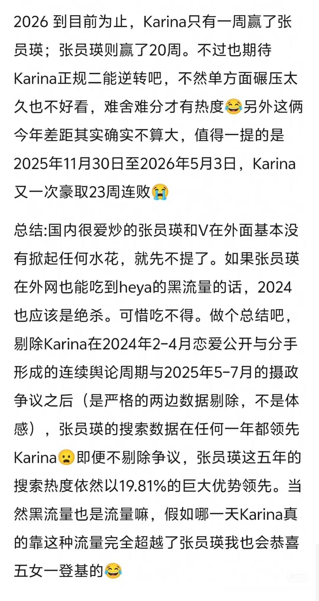 张元英和柳智敏的搜索量分析 ​