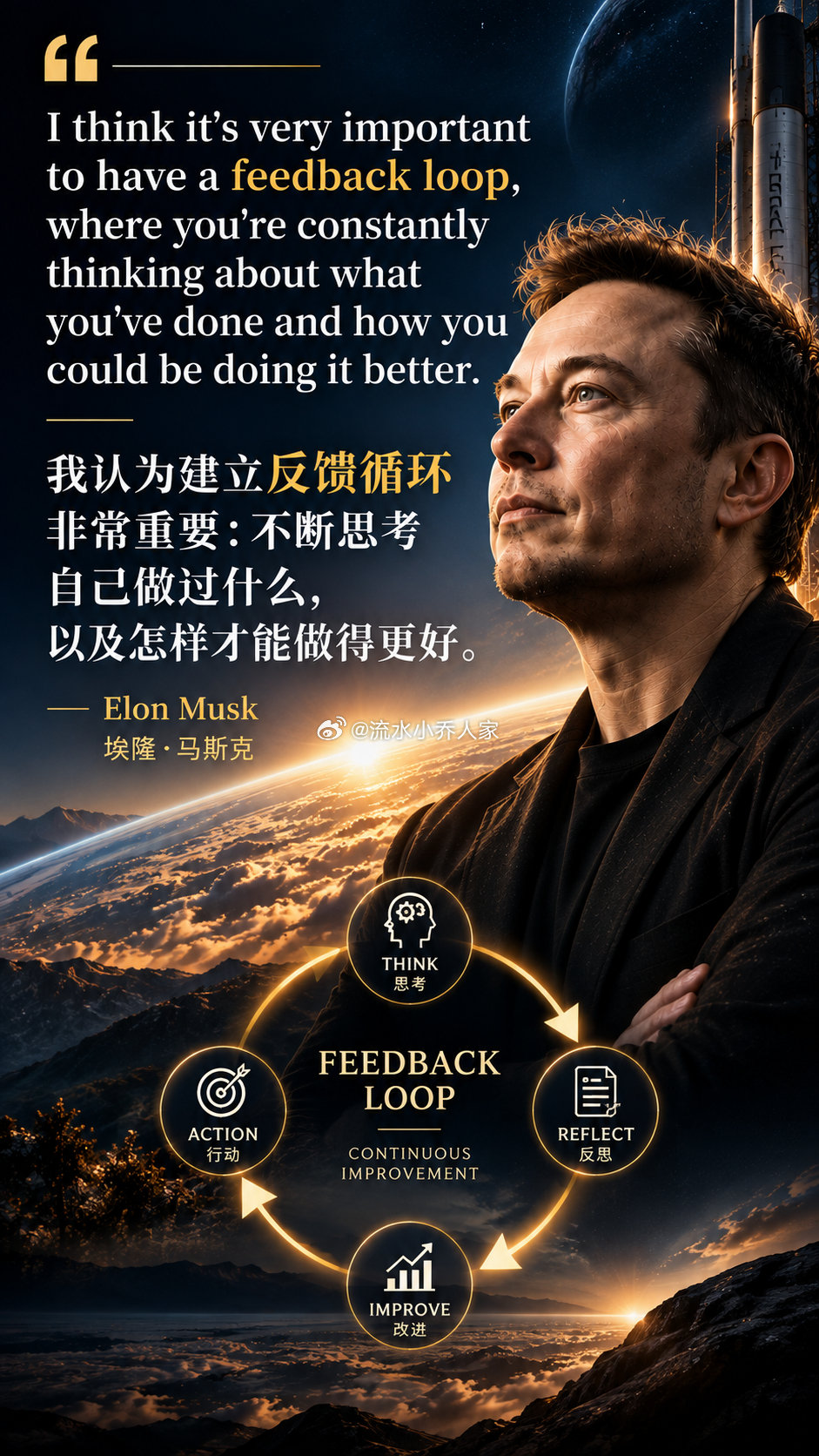 #马斯克[超话]#I think it's very important to have a feedback loop, where you're constantly thinking about what you've done and how you could be doing it better. -Elon Musk
我认为建立反馈循环非常重要：不断思考自己做过什么，以及怎样才能做得更好。 -埃隆.马斯克  #英语学习# ​