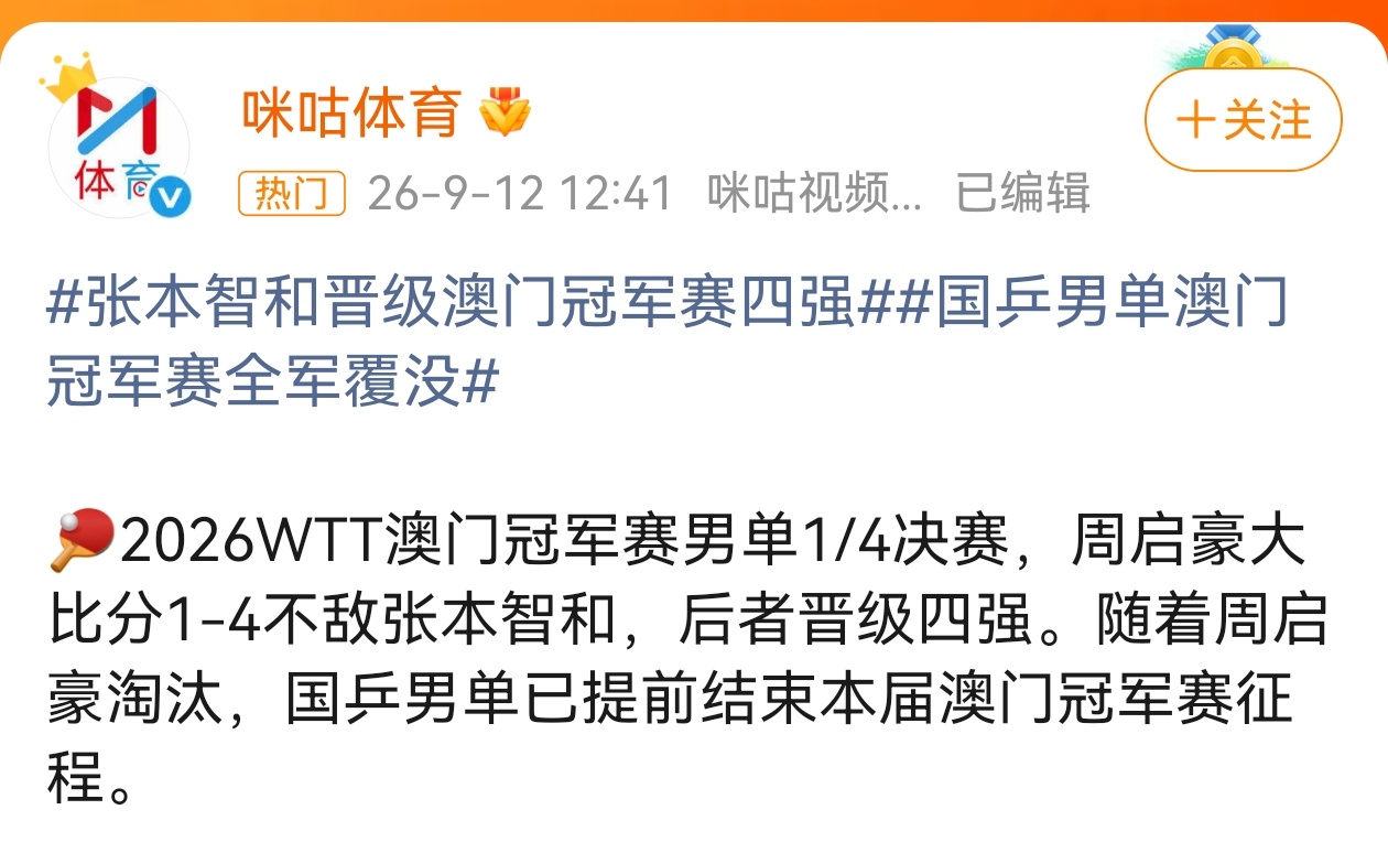 #国乒男单全军覆没# 国乒男单在澳门冠军赛全军覆没，周启豪1比4不敌张本智和，五局比分悬殊。

这已不是偶然失利——国乒男单连续四站WTT高级别赛事无缘四强，连续五站无缘冠军。

从前国乒男单输球才是新闻，现在到了正视问题的时候了。短期成绩波动没关系，可以此换取年轻选手在高水平对抗中的真实成 ​