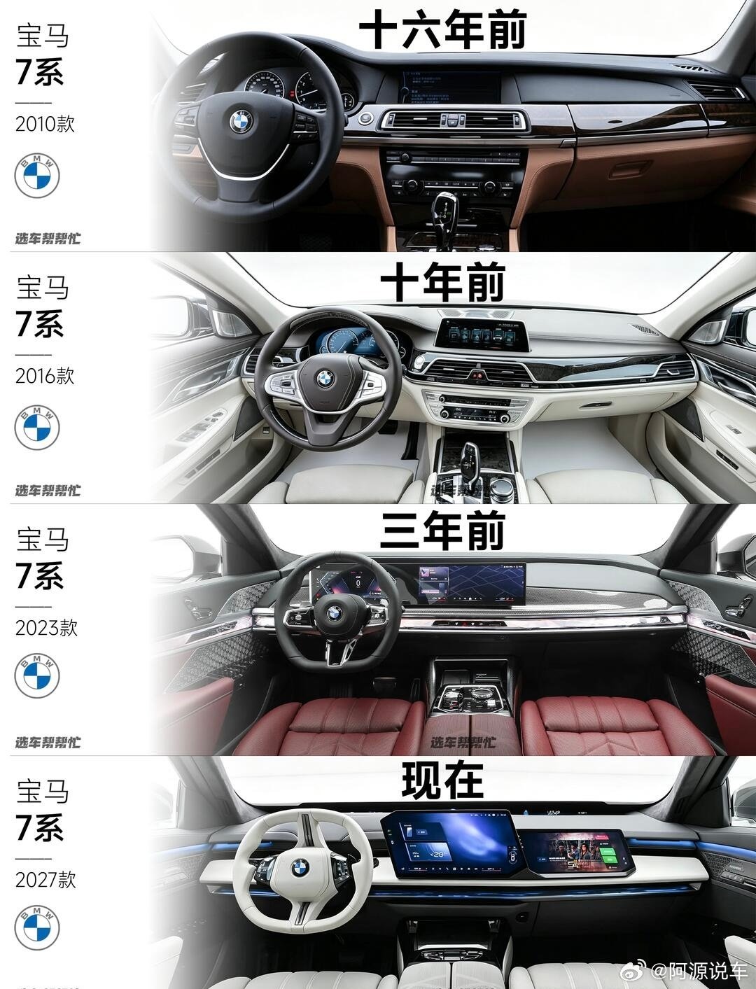 人比人，气人
货比货，得扔
当把宝马7系的近四代内饰放到一起对比
差距就出来了
十六年前的7系内饰时至今日都是经典
现如今近的7系内饰确实标新立异
中间两代内饰就逊色不少 ​
