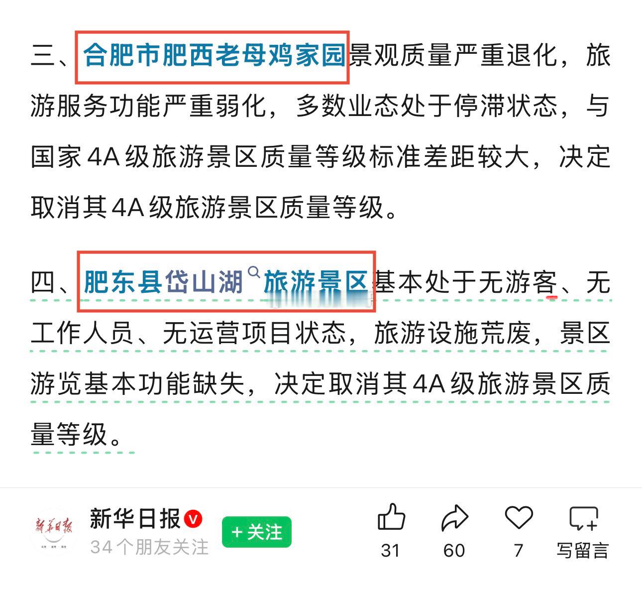 合肥有二处4A级旅游景区质量等级被取消。1、合肥市肥西老母鸡家园景观质量严重退化，旅游服务功能严重弱化，多数业态处于停滞状态，与国家4A级旅游景区质量等级标准差距较大，决定取消其4A级旅游景区质量等级。2、肥东县岱山湖旅游景区基本处于无游客、无工作人员、无运营项目状态，旅游设施荒废，景区游览基本功能缺失，决定取消其4A级旅游景区质量等级。